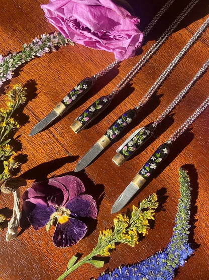 Pressed Flower Foraging Knife Necklace